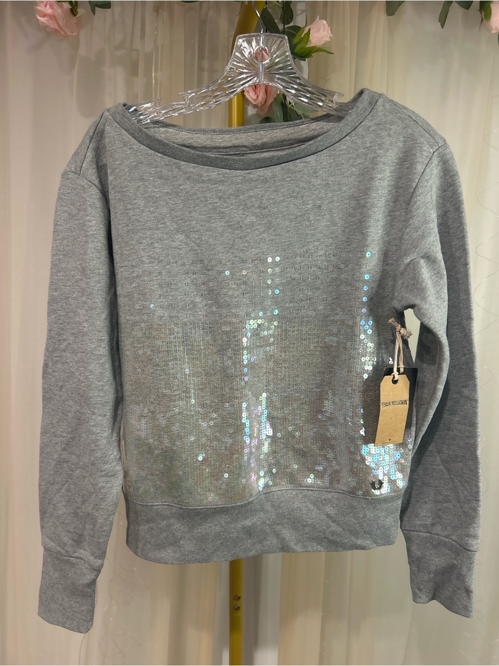 True Religion Sequin Boyfriend Pullover Sweatshirt XS Y2K Glam Sparkle